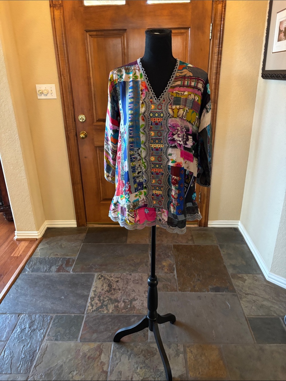 Johnny Was Multicolored Patchwork V-Neck Tunic